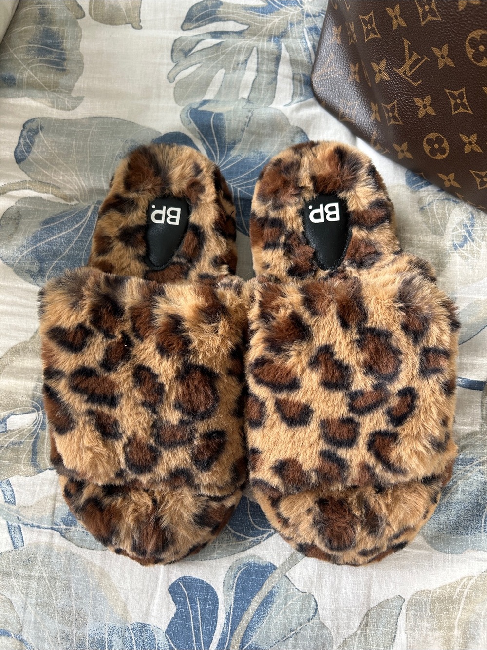 bp Leopard Print Faux Fur Slide Slippers in Brown and Black